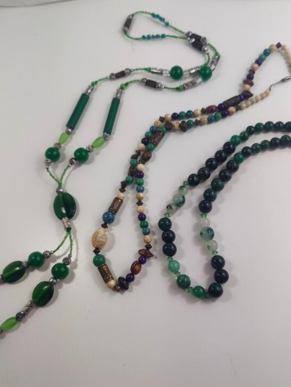 Boho Green Layered Necklace Bundle Jade Agate Jasper Glass Beads Artisan 3 Pc - Picture 7 of 16